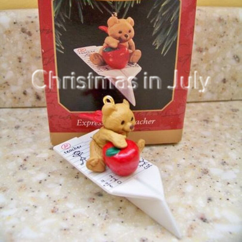 Hallmark 1997 Expressly for Teacher bear apple paper airplane Christmas Ornament